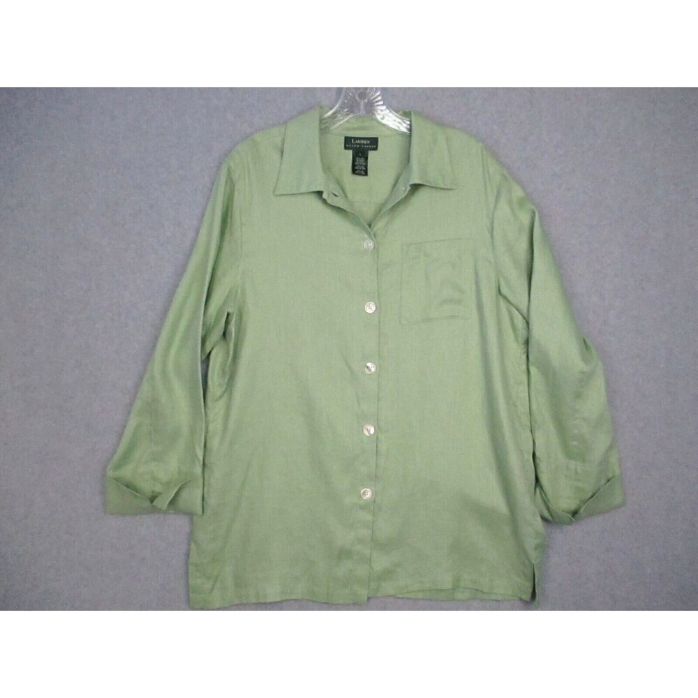 Lauren Ralph Lauren Womens Top Large 100% Linen 3/4 Sleeve Pocket Lagenlook Boxy